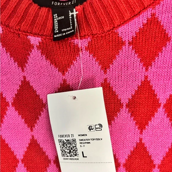 Forever 21 Red and Pink Argyle Puff Sleeve Crewneck Sweater - Picture 2 of 4